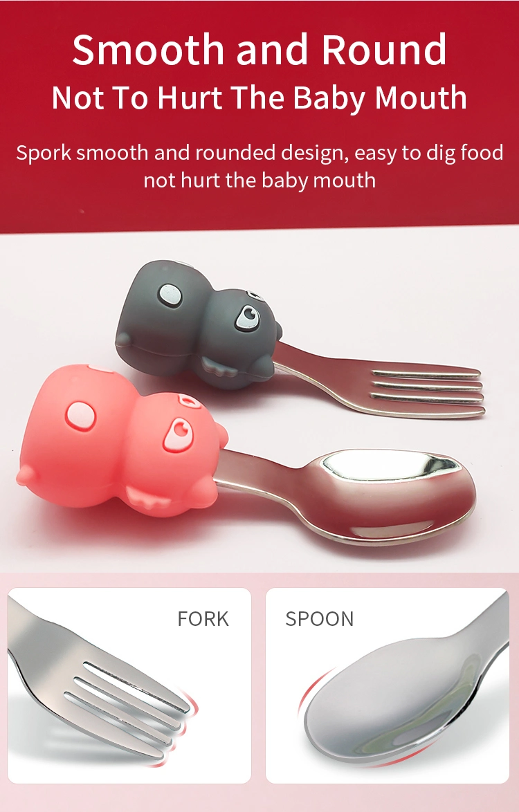 Cute Cartoon Silicone Handle Toddler Learning Feeding Tableware Stainless Steel Spoon and Fork