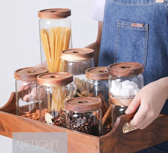 325/500/750/1000/1800 ml à haute teneur en borosilicate, cuisine domestique, récipient de stockage en verre pour épices, pot avec anneau en silicone scellé de qualité, couvercle en bois d'acacia