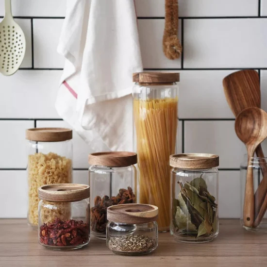 Bocal en verre, bocal alimentaire, récipients de stockage des aliments en verre, pot de stockage en verre avec couvercles hermétiques en acacia, boîtes en verre de cuisine pour café, farine, sucre, bonbons, biscuits